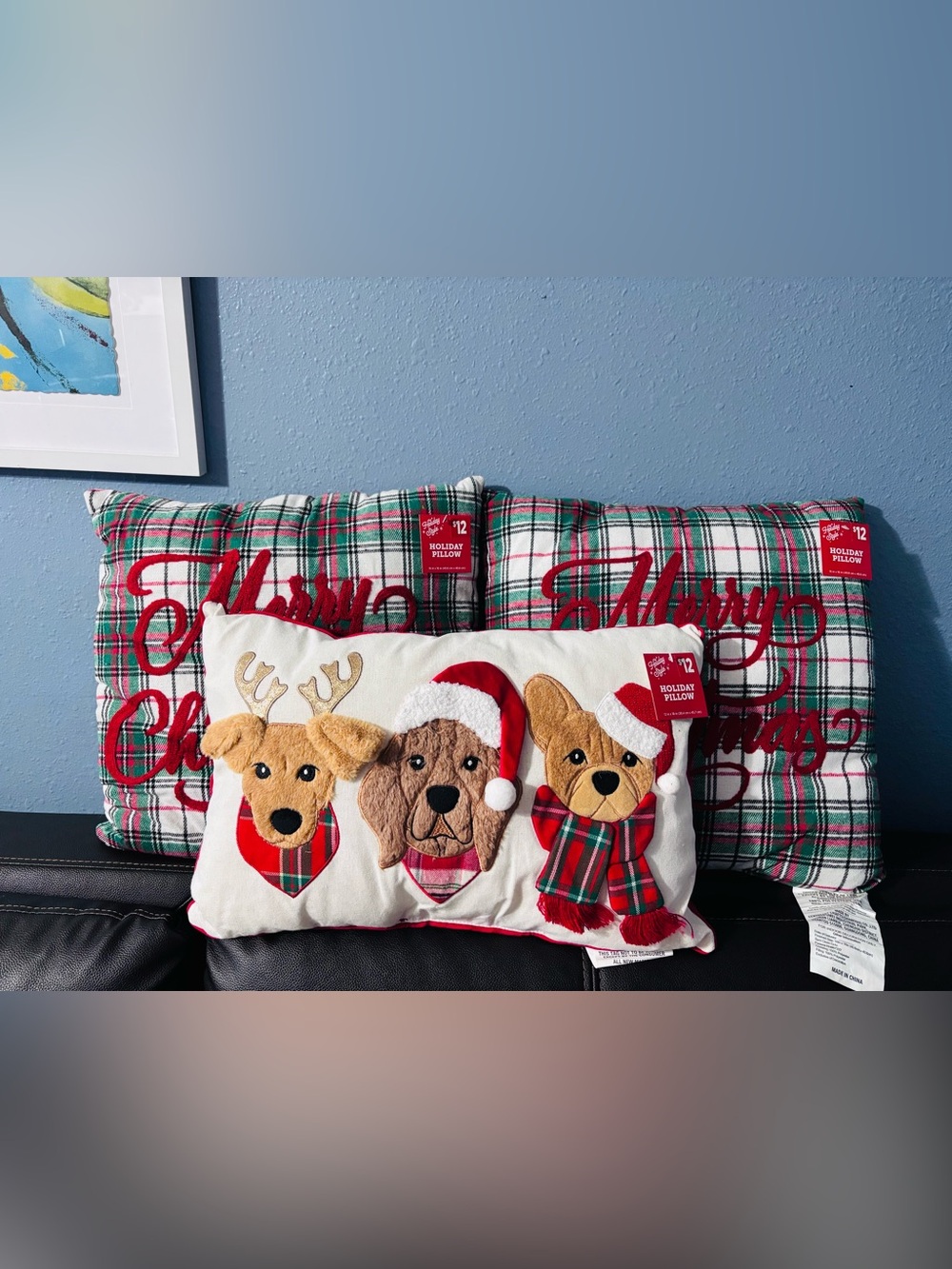 Holiday Dogs Appliqué Accent Pillow - Red, Green, White